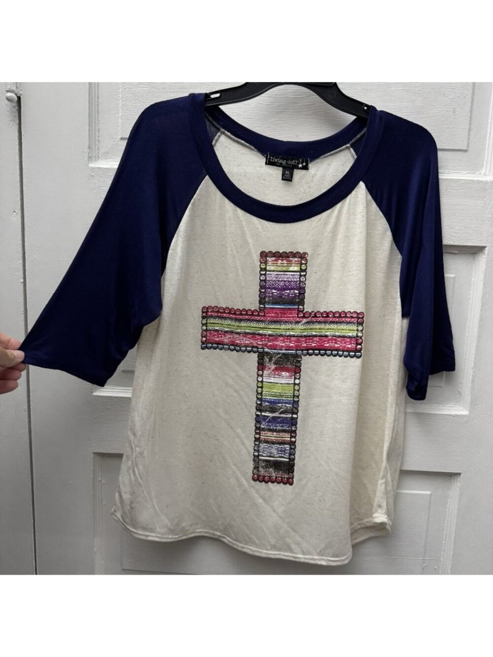 Living Doll Serape Cross Graphic Raglan Top XL USA Boho Western Christian